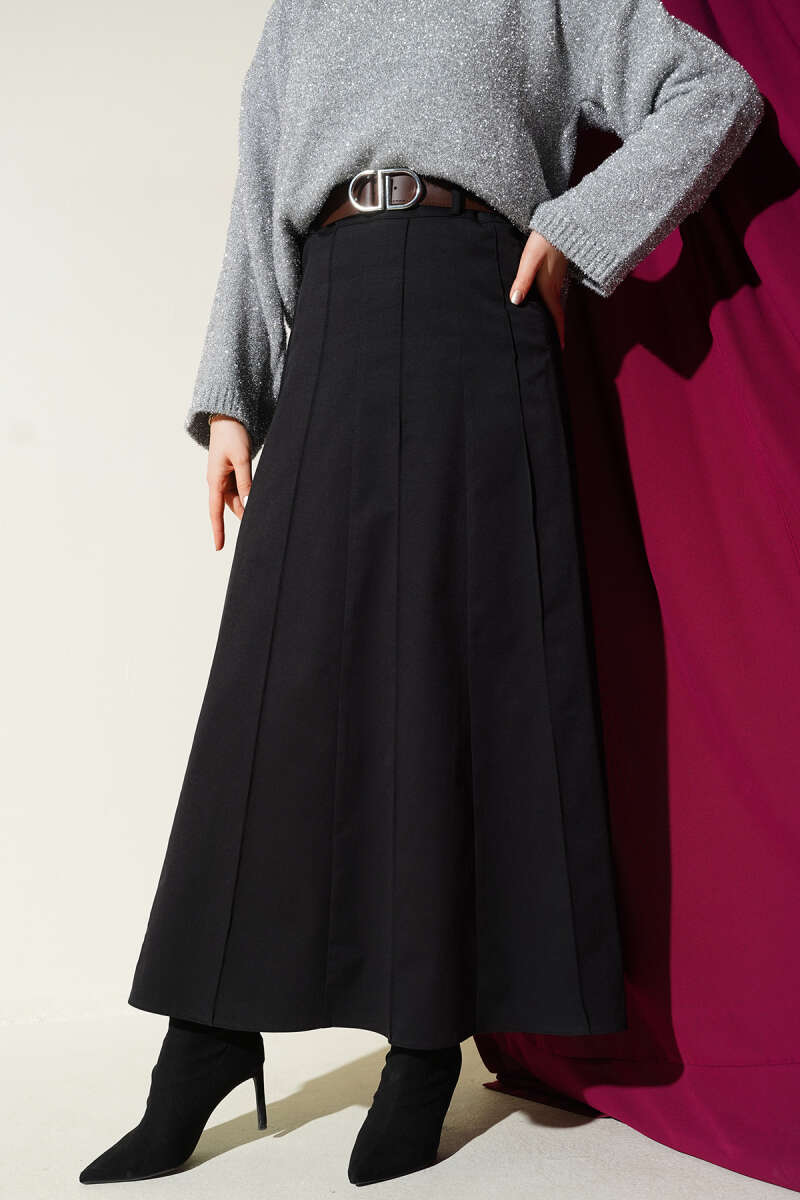 Çıma Şeritli Kemerli Etek Siyah