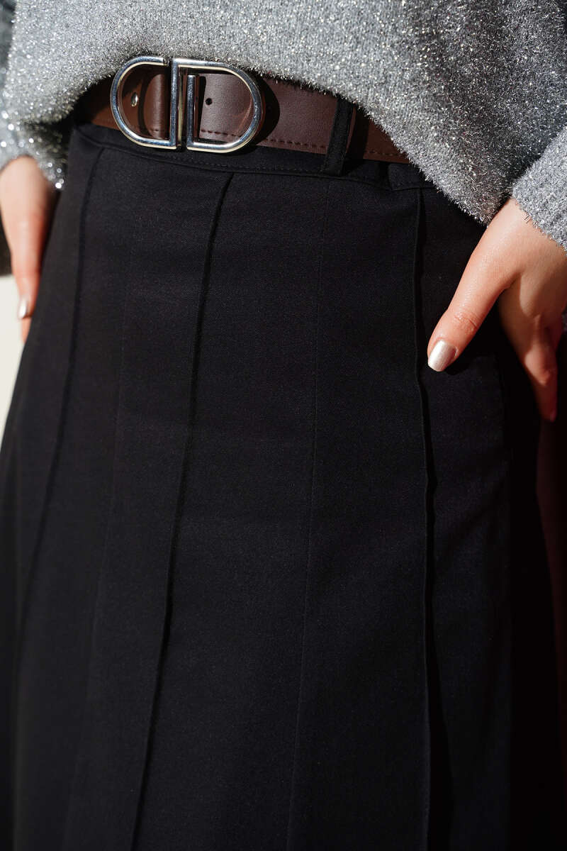 Çıma Şeritli Kemerli Etek Siyah