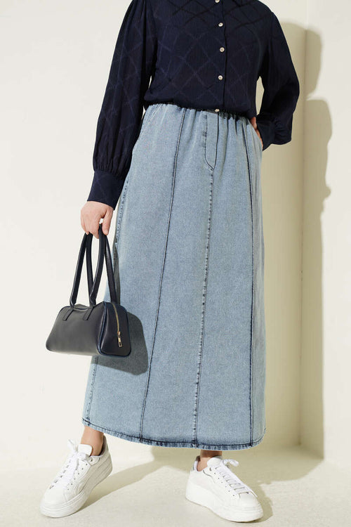 Çımalı Beli Lastikli Kot Etek Açık Mavi