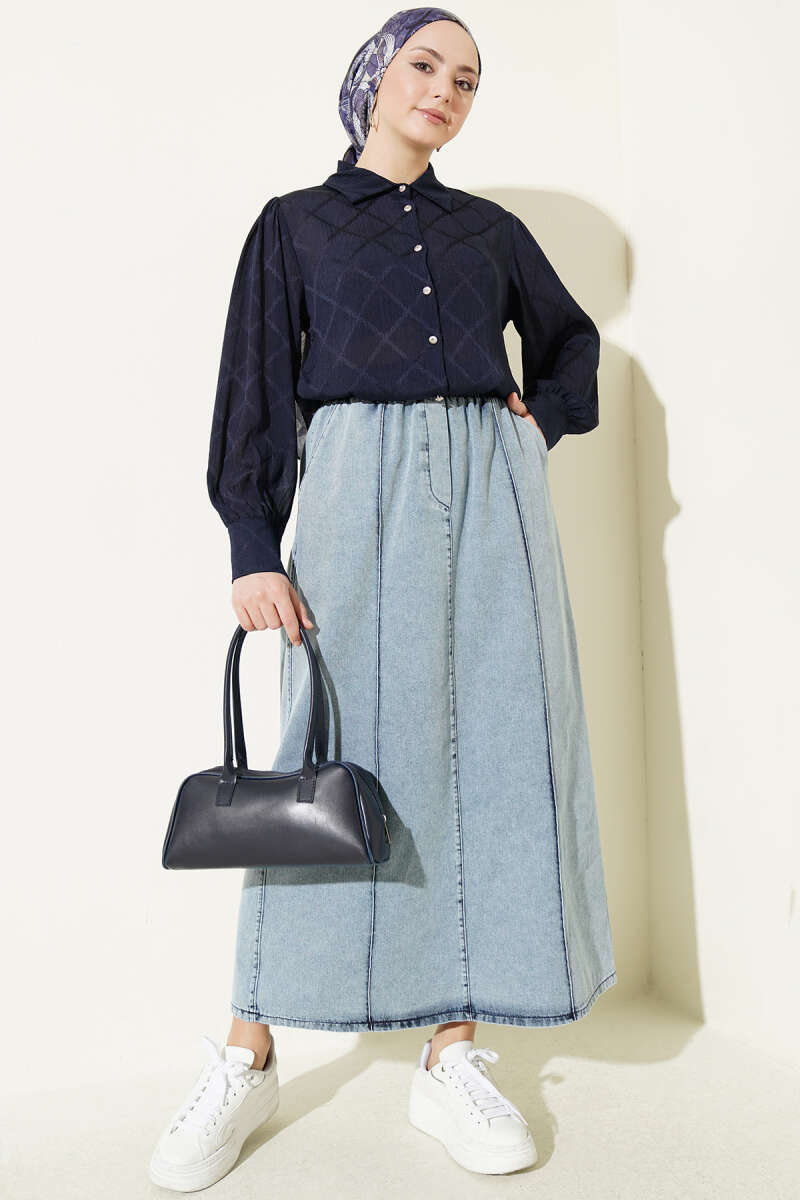 Çımalı Beli Lastikli Kot Etek Açık Mavi