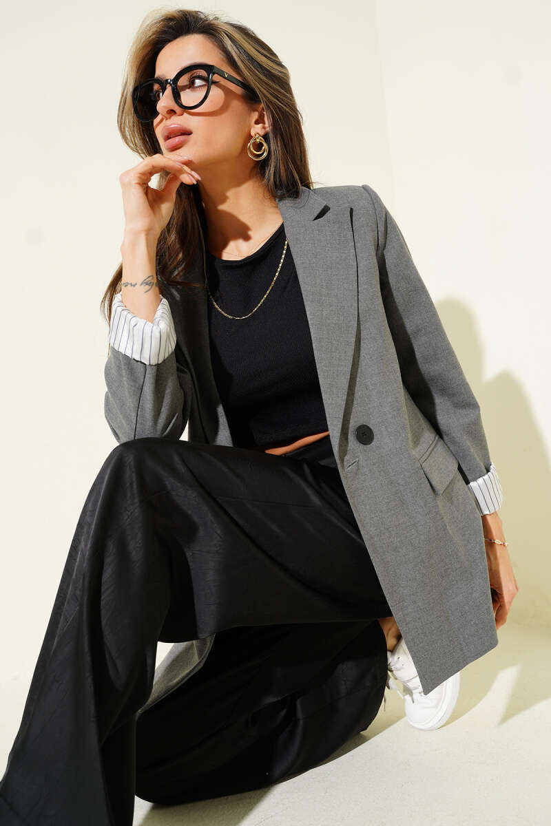 Çizgi Astarlı Düğmeli Blazer Ceket