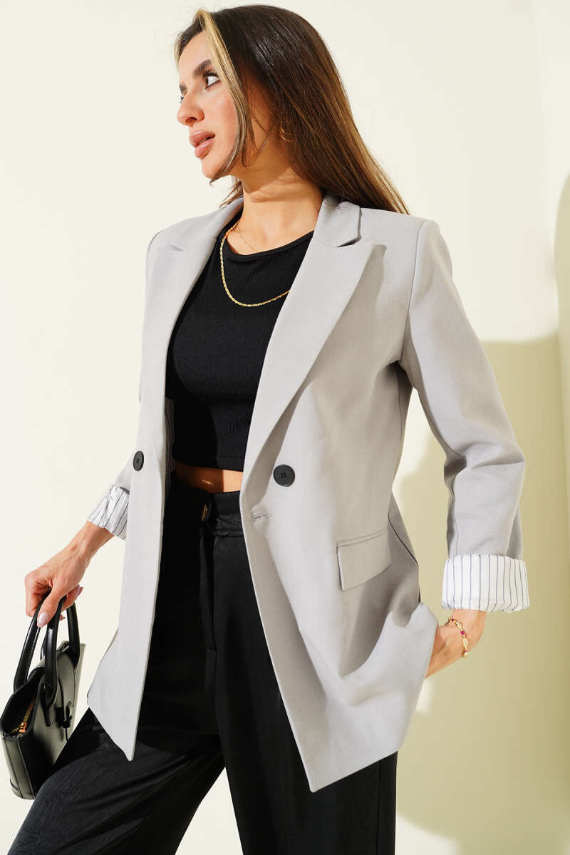 Çizgi Astarlı Düğmeli Blazer Ceket