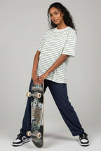 Çizgi Detaylı Oversize T-shirt Çağla Yeşili