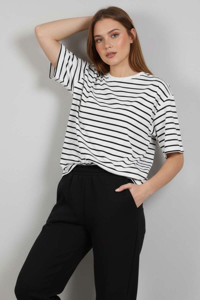 Çizgi Detaylı Oversize T-shirt Lacivert