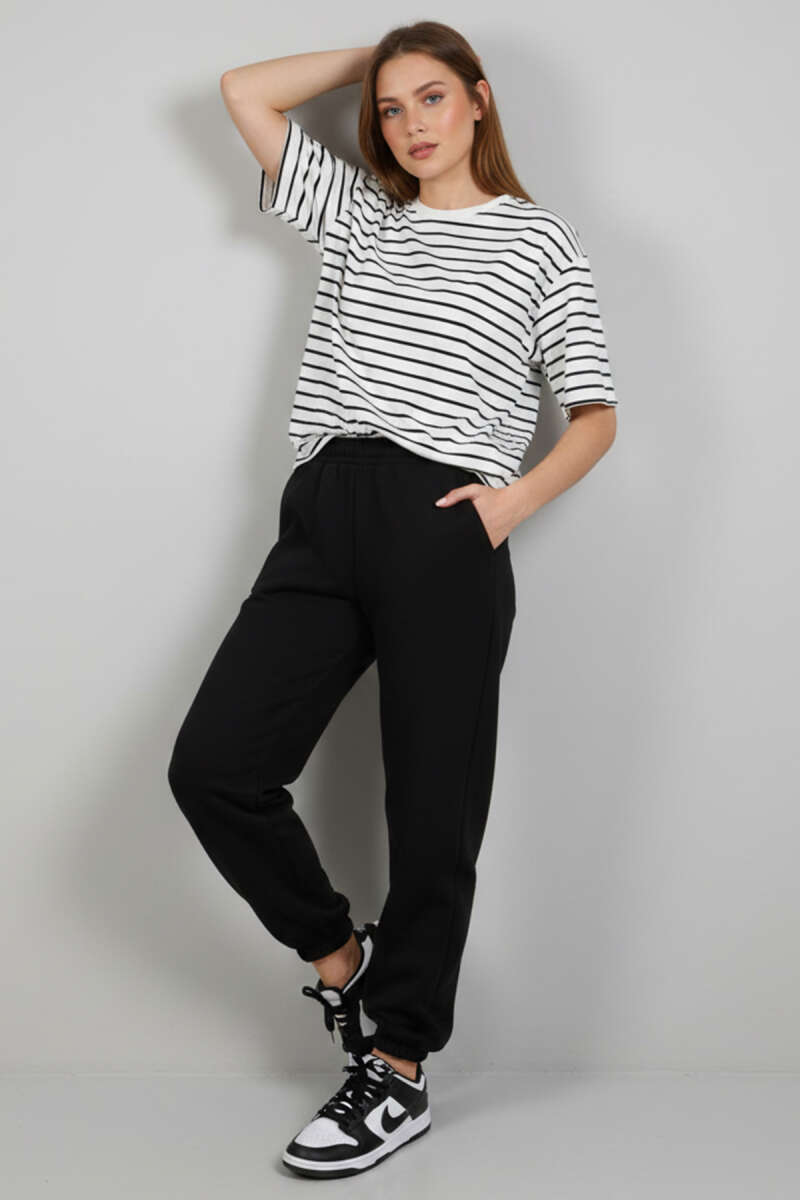 Çizgi Detaylı Oversize T-shirt Lacivert