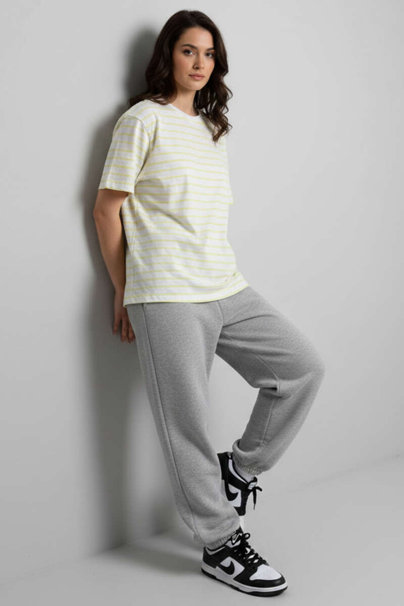Çizgi Detaylı Oversize T-shirt Sarı