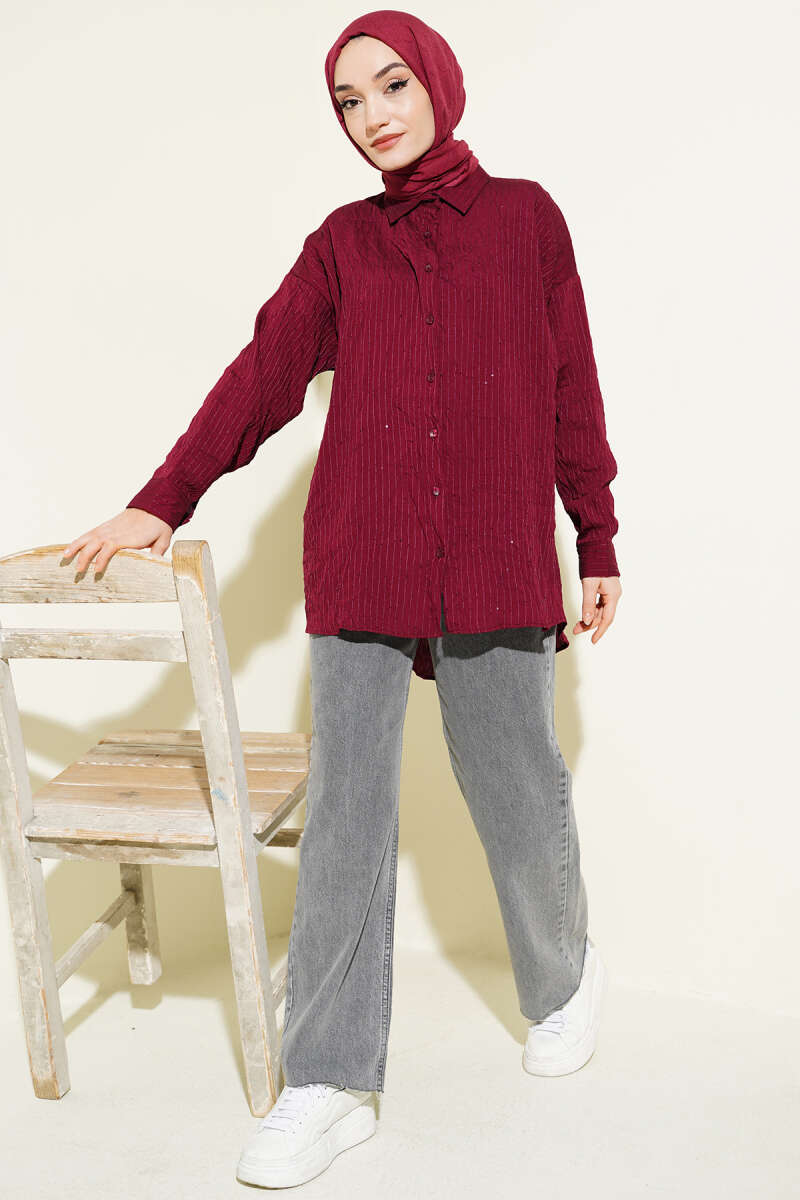 Çizgi Dikişli Pullu Oversize Gömlek