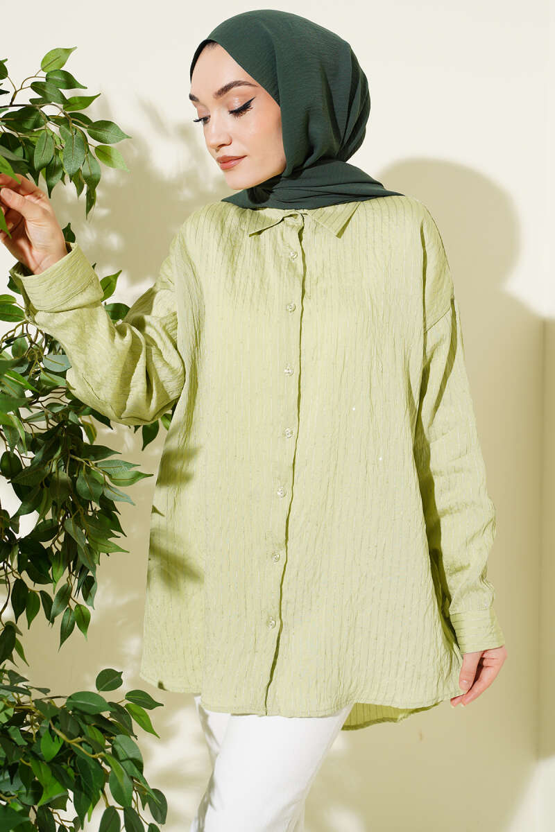 Çizgi Dikişli Pullu Oversize Gömlek