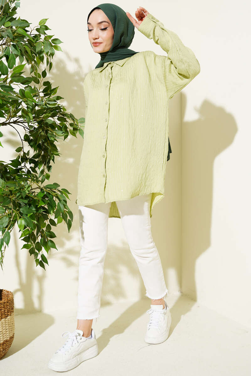 Çizgi Dikişli Pullu Oversize Gömlek