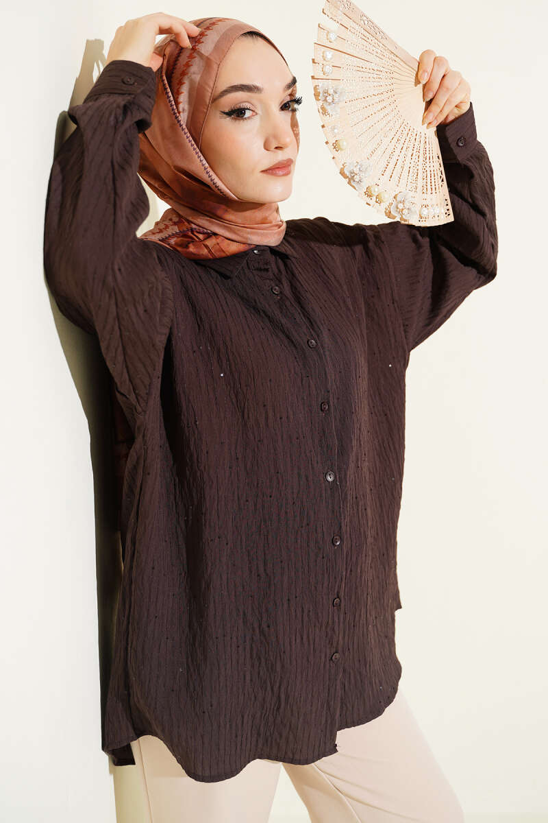 Çizgi Dikişli Pullu Oversize Gömlek