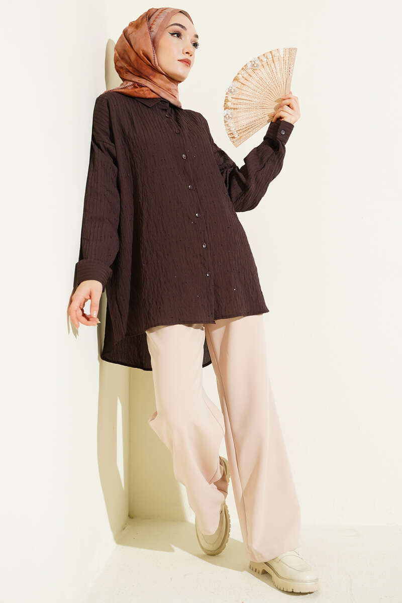 Çizgi Dikişli Pullu Oversize Gömlek