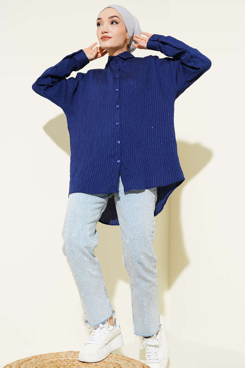 Çizgi Dikişli Pullu Oversize Gömlek