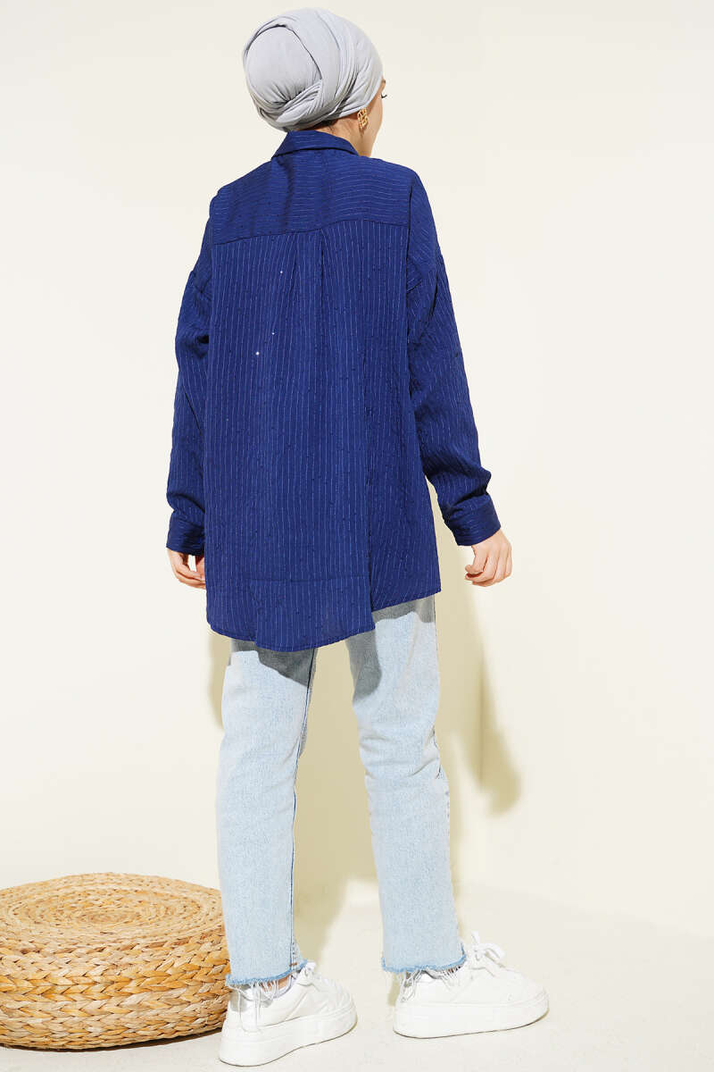 Çizgi Dikişli Pullu Oversize Gömlek