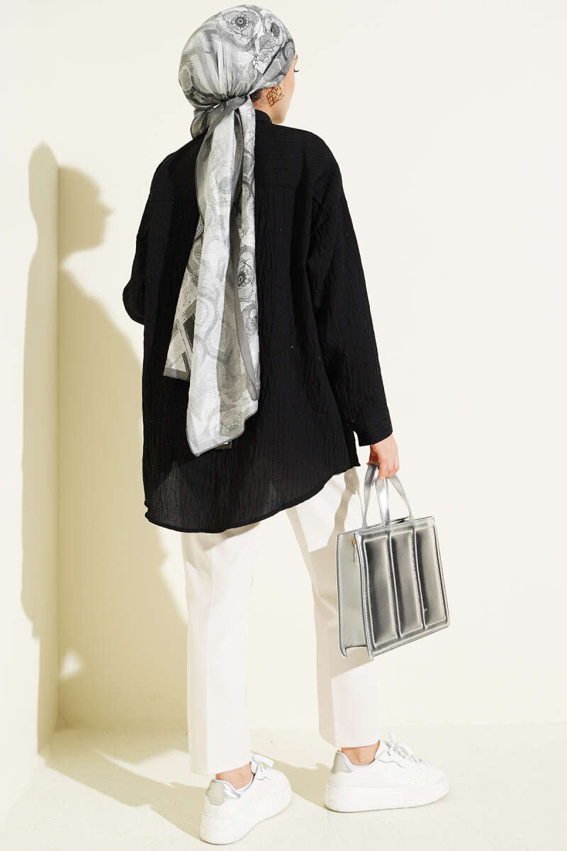 Çizgi Dikişli Pullu Oversize Gömlek