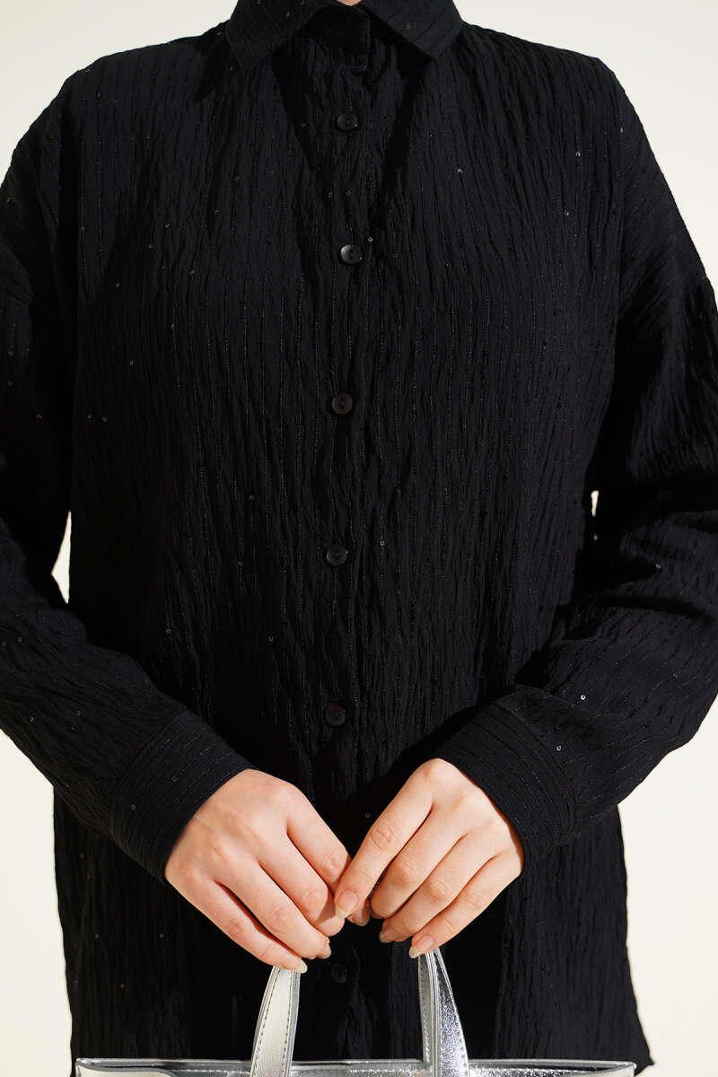 Çizgi Dikişli Pullu Oversize Gömlek