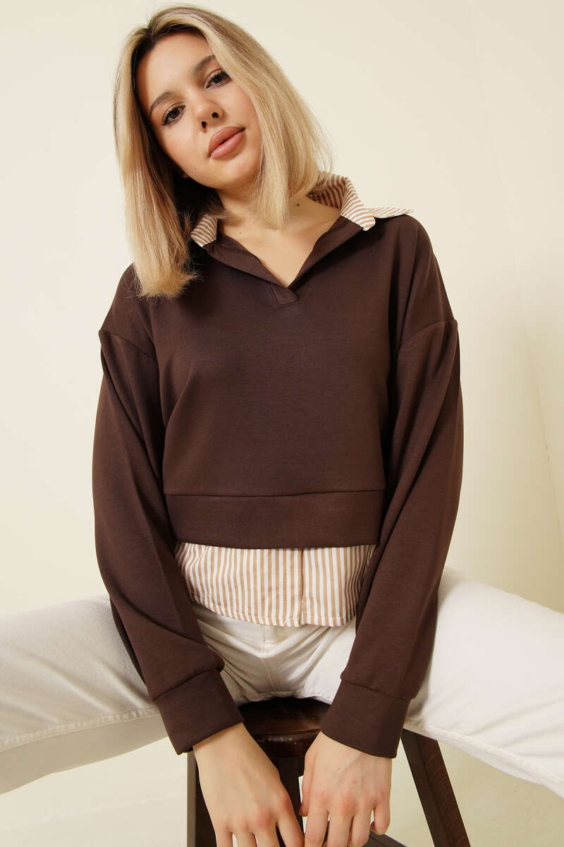 Çizgi Gömlek Garnili Kısa Sweatshirt