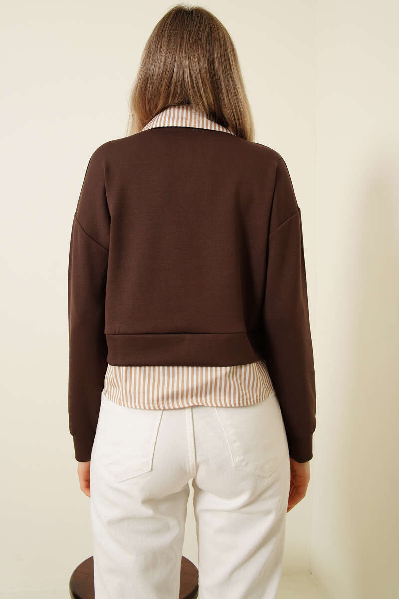 Çizgi Gömlek Garnili Kısa Sweatshirt