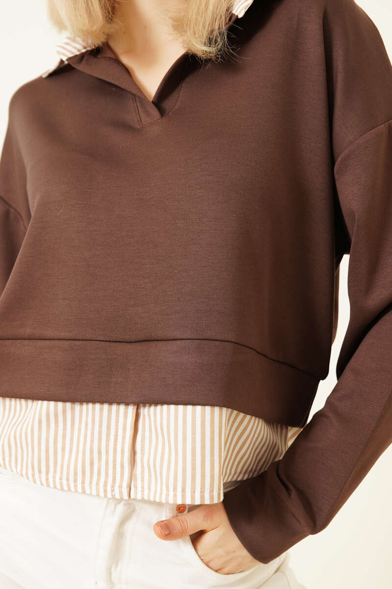 Çizgi Gömlek Garnili Kısa Sweatshirt