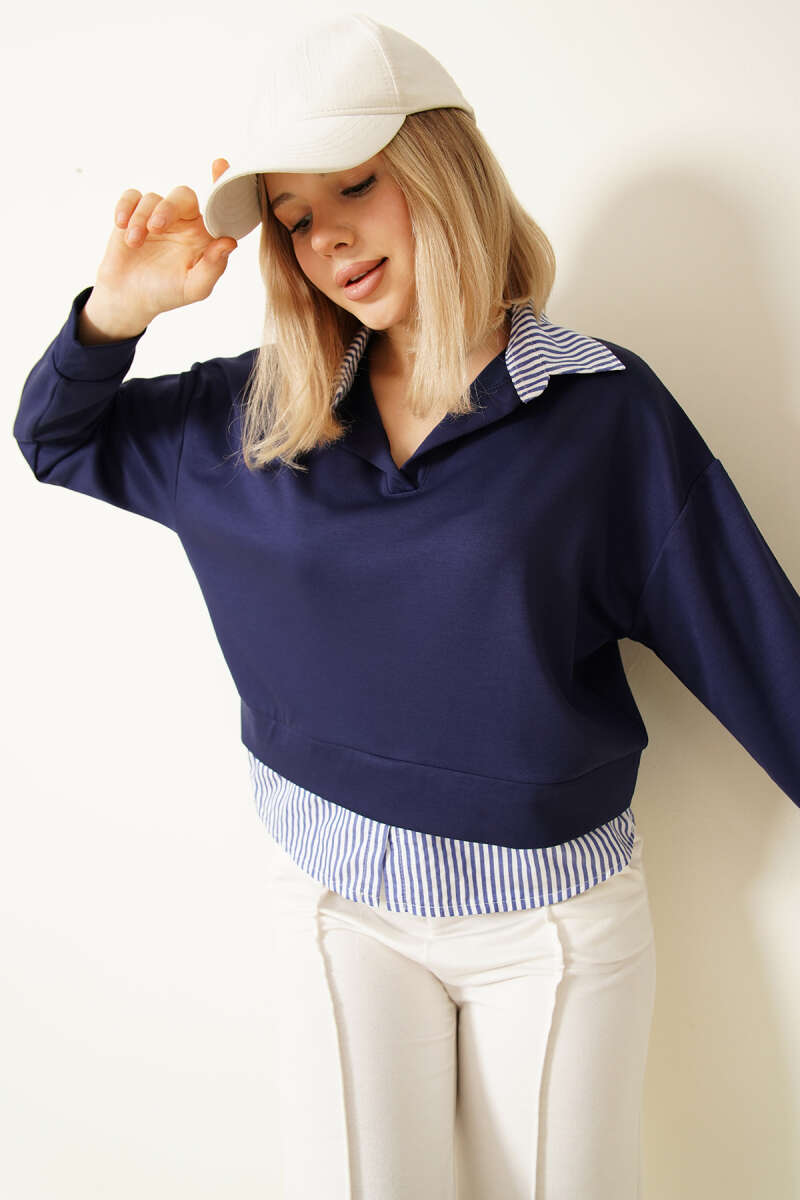 Çizgi Gömlek Garnili Kısa Sweatshirt Lacivert