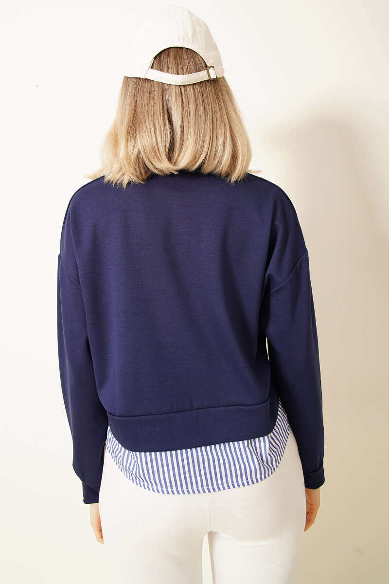 Çizgi Gömlek Garnili Kısa Sweatshirt Lacivert