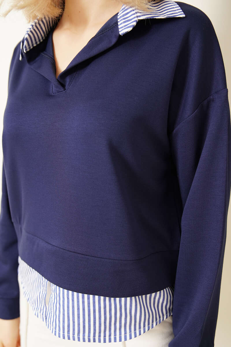 Çizgi Gömlek Garnili Kısa Sweatshirt Lacivert