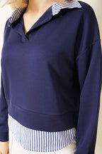 Çizgi Gömlek Garnili Kısa Sweatshirt Lacivert