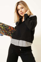 Çizgi Gömlek Garnili Kısa Sweatshirt Siyah