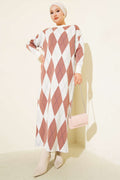Long Argyle Pattern Dress with High Neck and Sleeves
