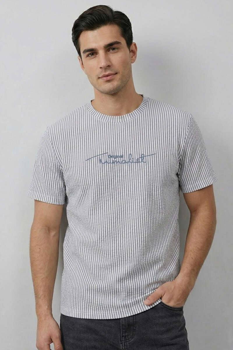 Çizgili Bisiklet Yaka T-shirt Gri