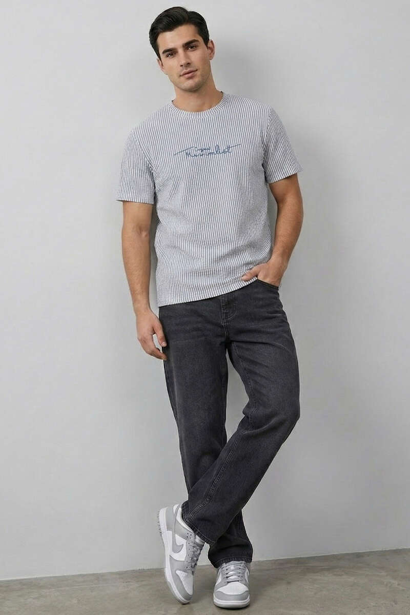 Çizgili Bisiklet Yaka T-shirt Gri