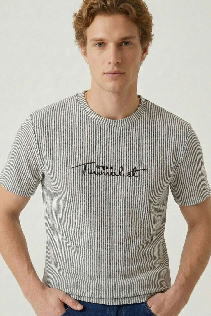 Çizgili Bisiklet Yaka T-shirt Haki