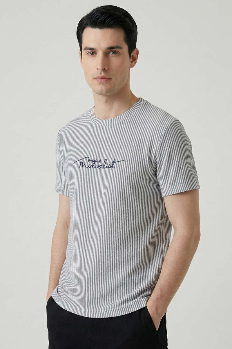 Çizgili Bisiklet Yaka T-shirt Mavi