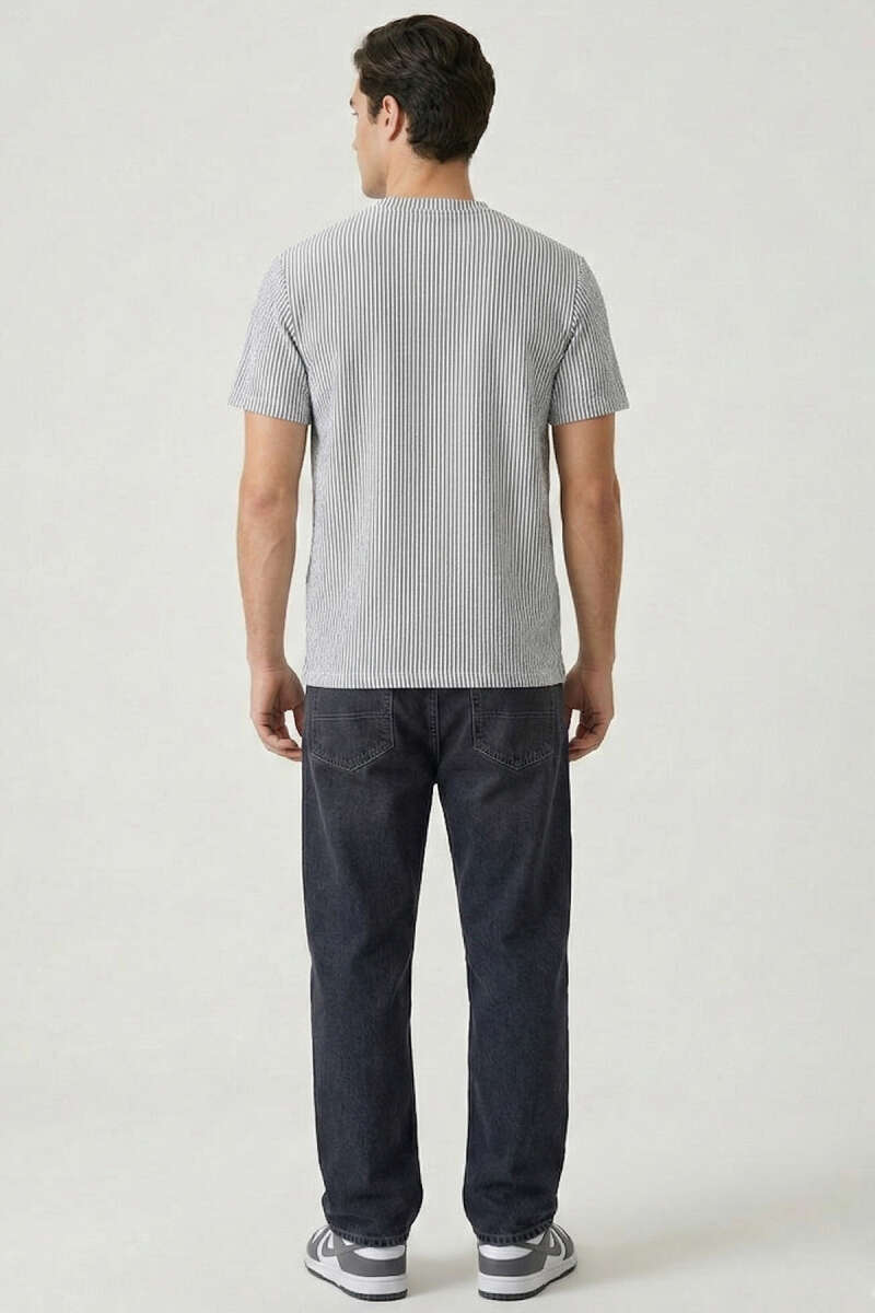 Çizgili Bisiklet Yaka T-shirt Mavi