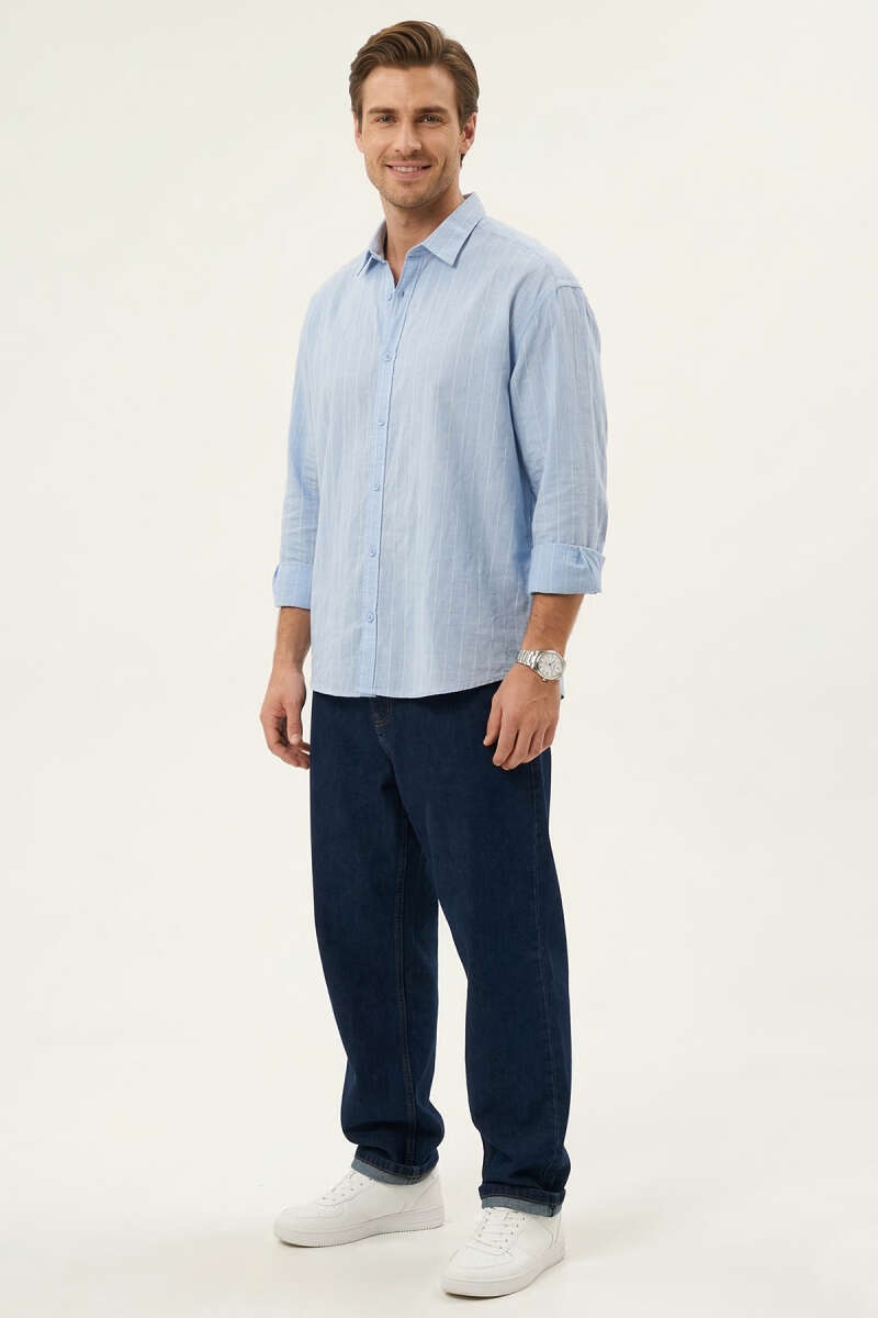 Çizgili Keten Oversize Erkek Gömlek Mavi