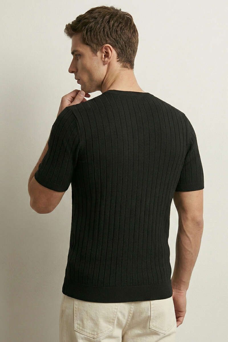 Çizgili Merserize T-shirt Siyah