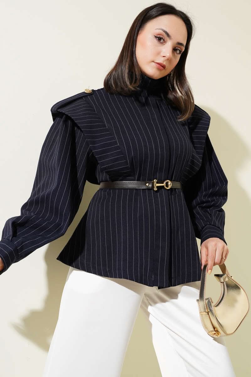 Striped Shoulder Weighted Belted Jacket