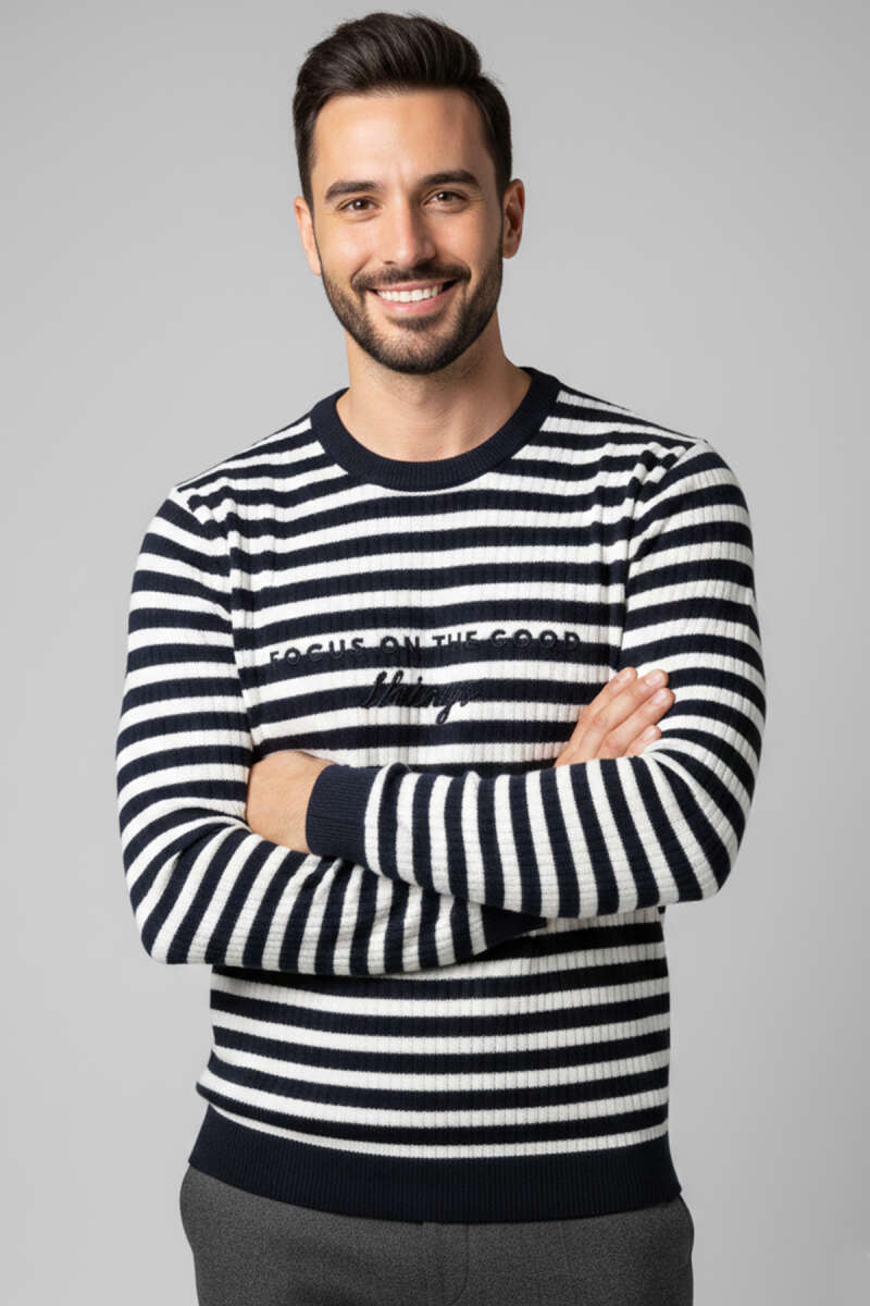 Çizgili Önü Baskılı Erkek Sweatshirt Siyah