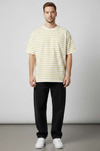 Çizgili Oversize Erkek T-shirt Sarı