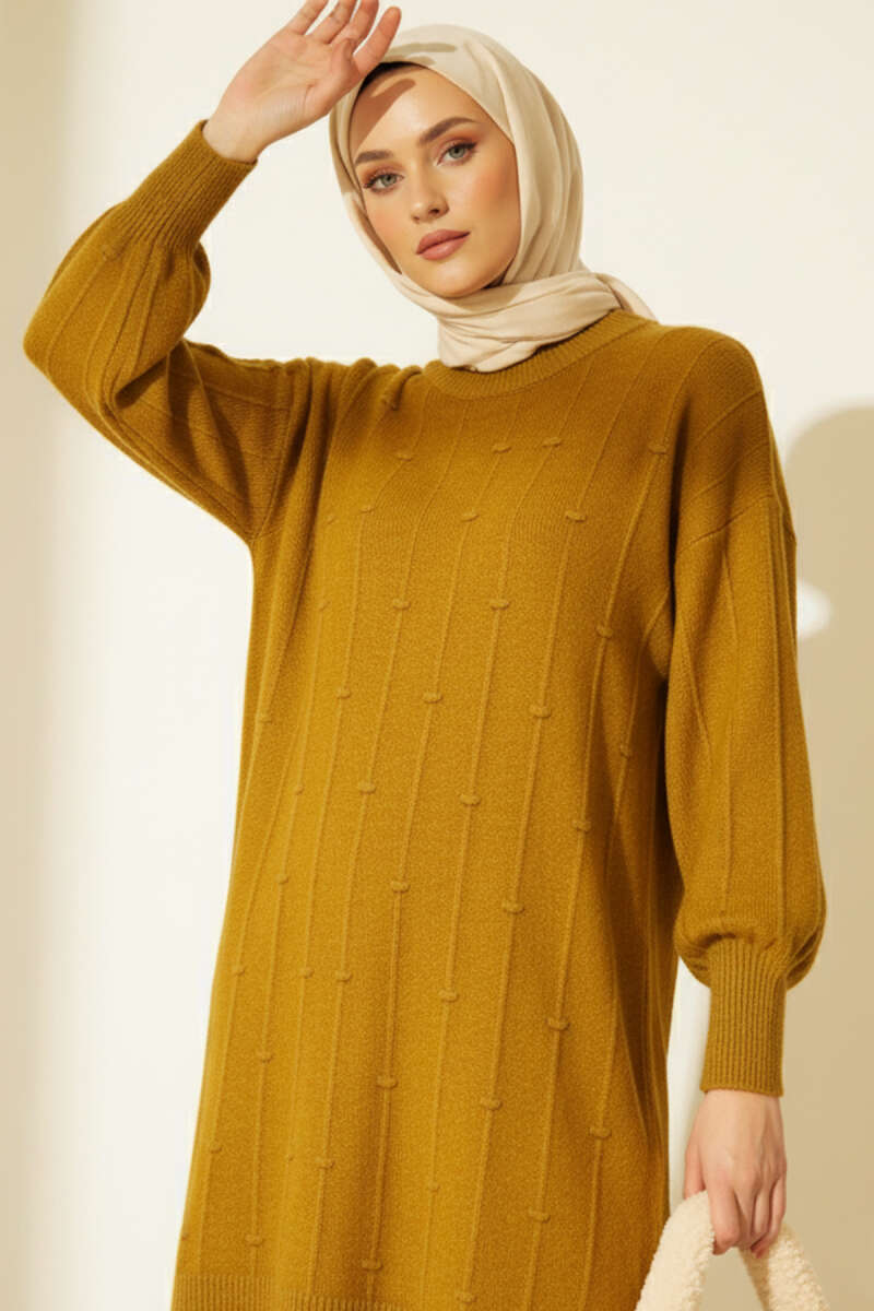 Damla Kabartmalı Yumoş Triko Tunik Yağ Yeşili