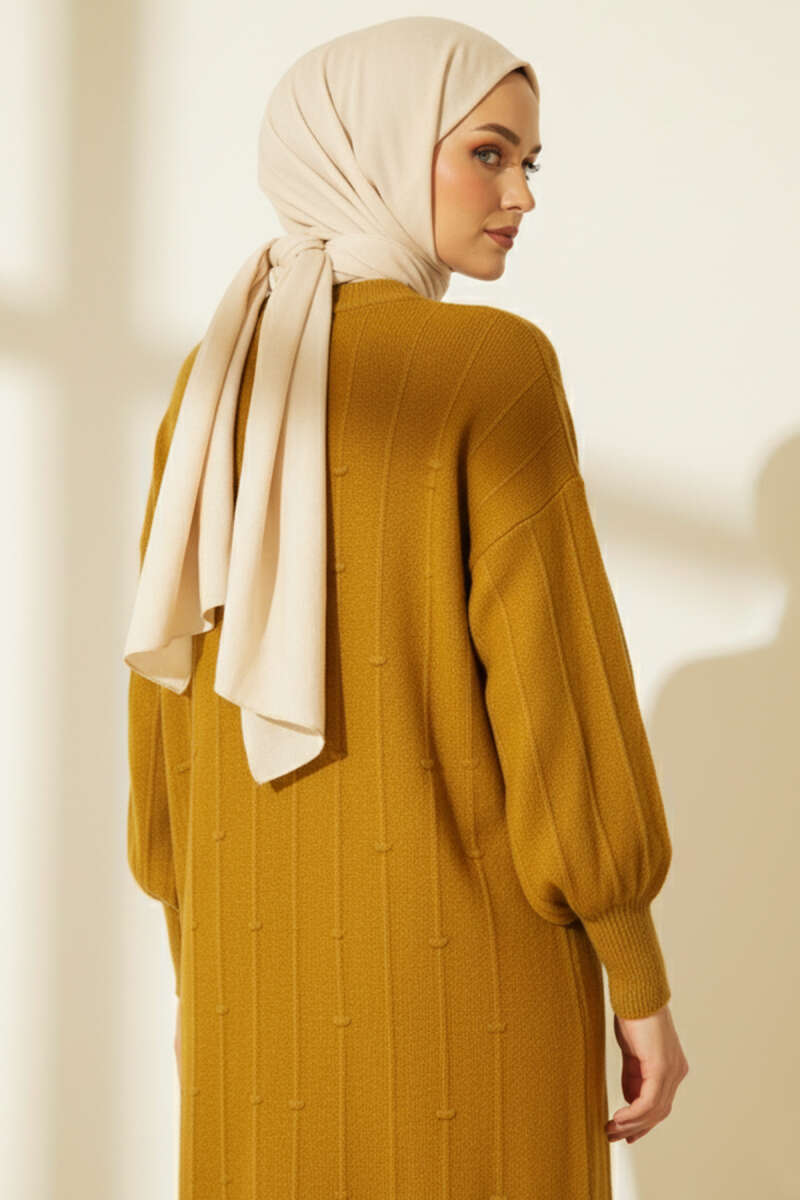 Damla Kabartmalı Yumoş Triko Tunik Yağ Yeşili