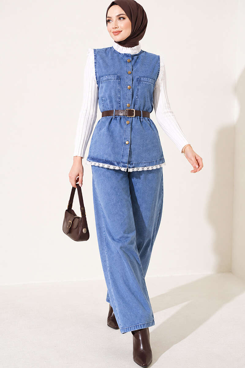 Lace Detailed Belted Denim Two-Piece Set Denim Blue