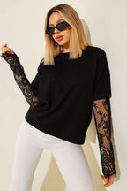 Dantel Kollu Loyşa T-shirt Siyah