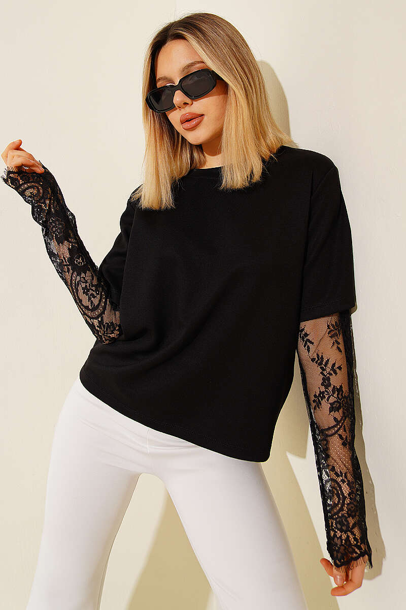 Dantel Kollu Loyşa T-shirt Siyah