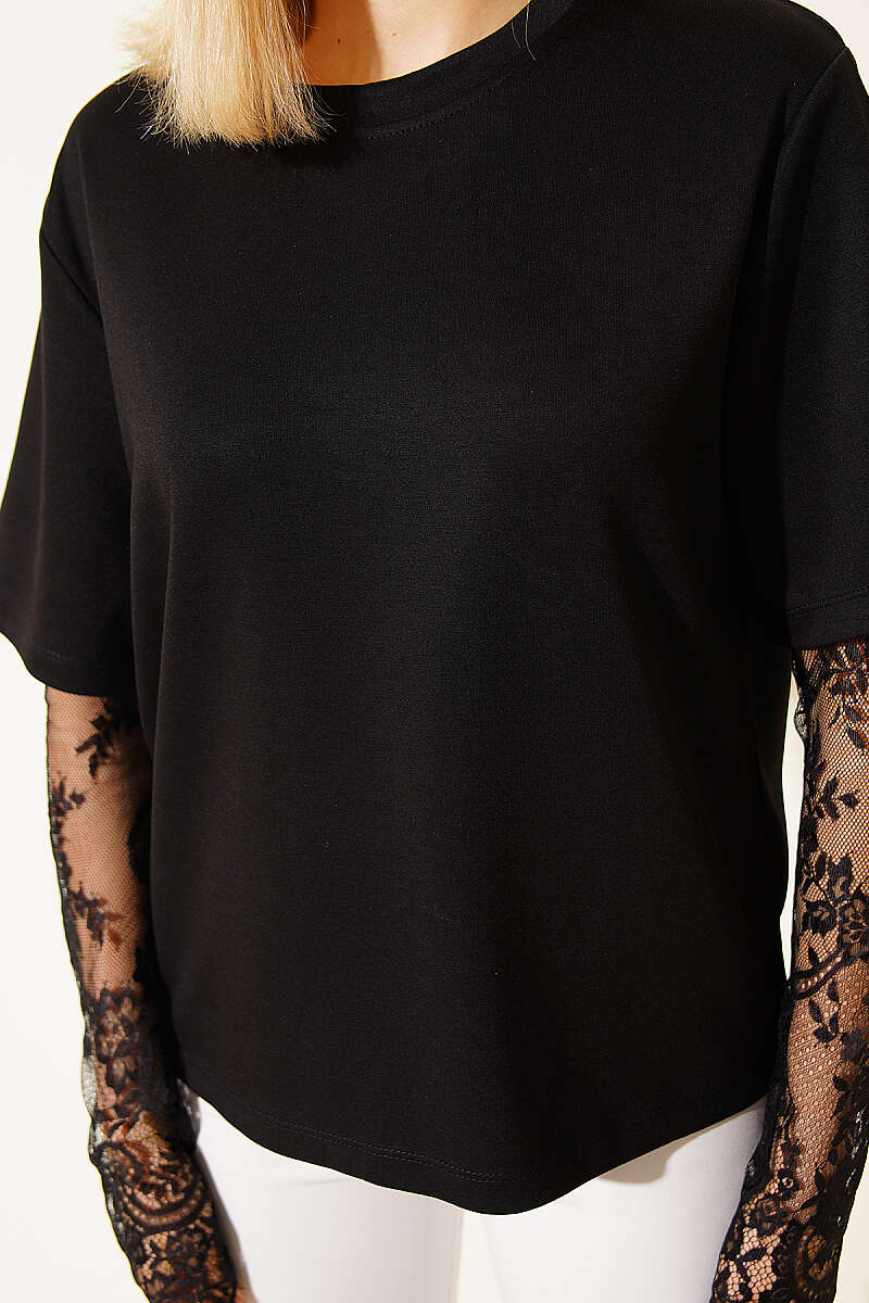 Dantel Kollu Loyşa T-shirt Siyah