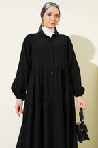Dantel Şerit Detaylı Düğmeli Kat Elbise Siyah