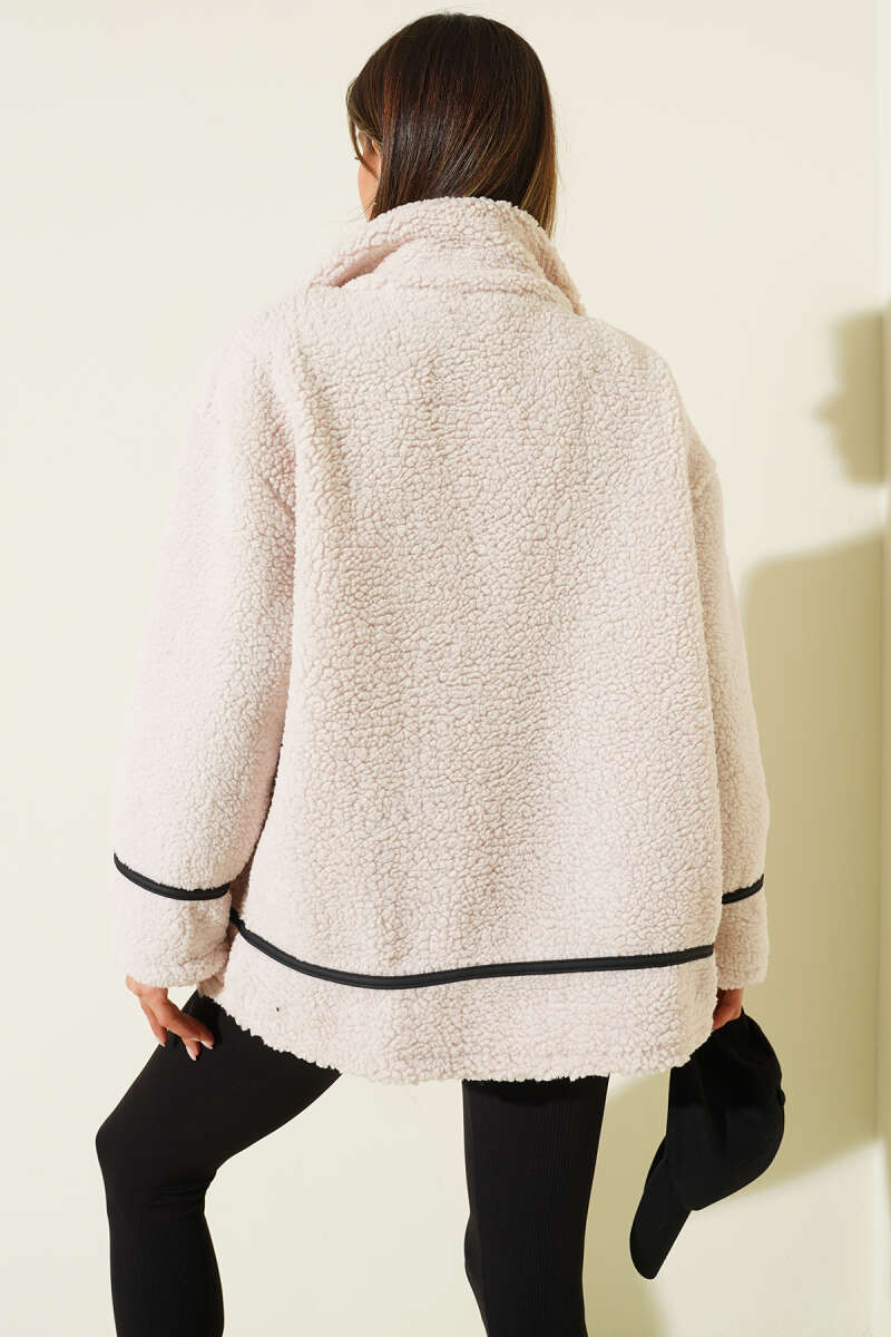 Deri Biyeli Fermuarlı Peluş Ceket