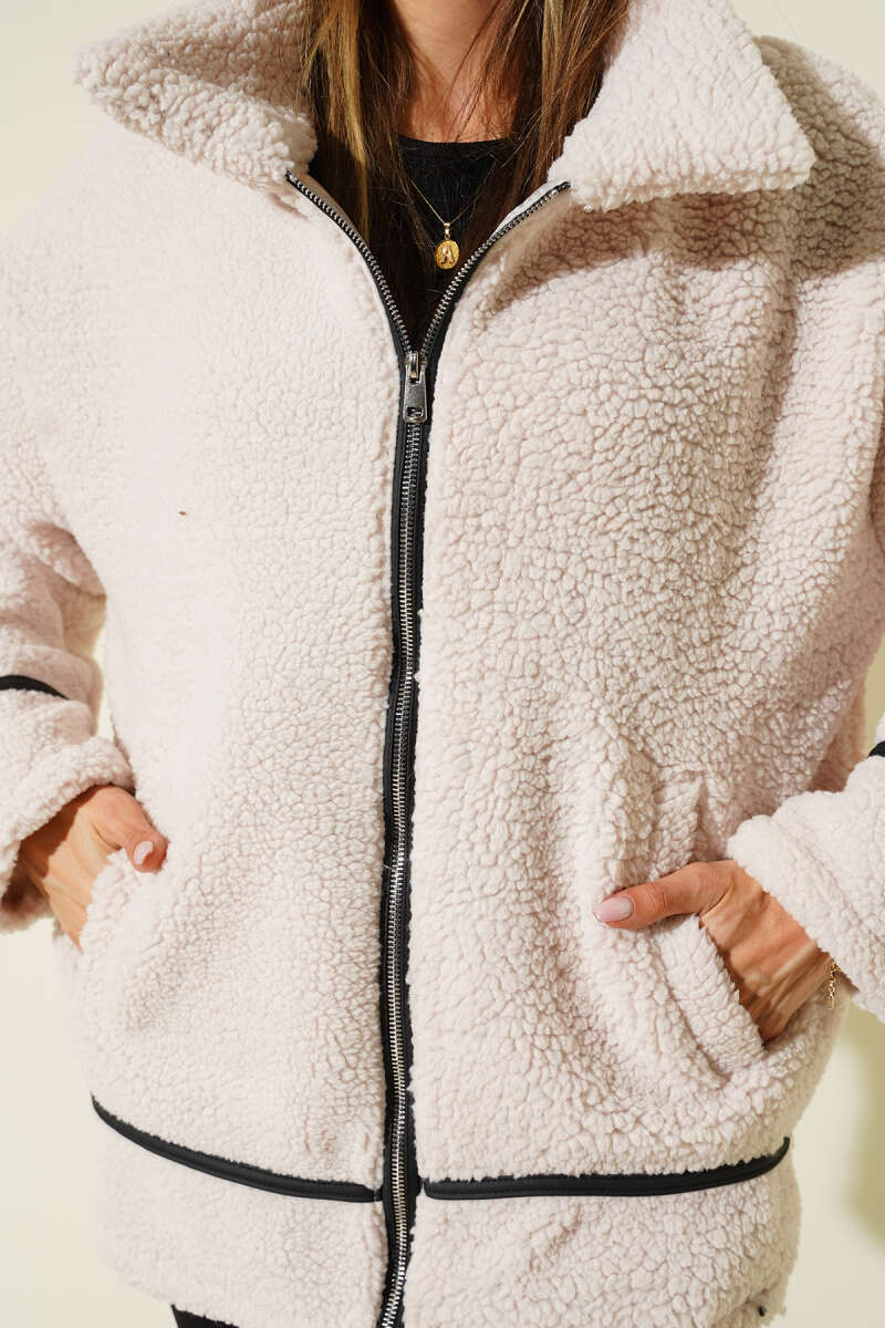 Deri Biyeli Fermuarlı Peluş Ceket