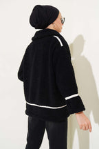 Deri Biyeli Fermuarlı Peluş Ceket