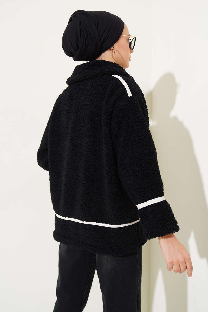 Deri Biyeli Fermuarlı Peluş Ceket