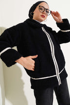 Deri Biyeli Fermuarlı Peluş Ceket